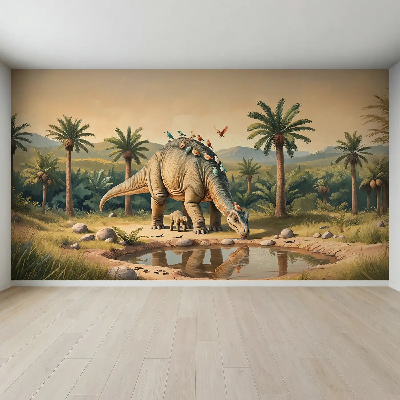 Full view of Diplodocus Bird Grooming Wallpaper Mural by Whimsy Tots