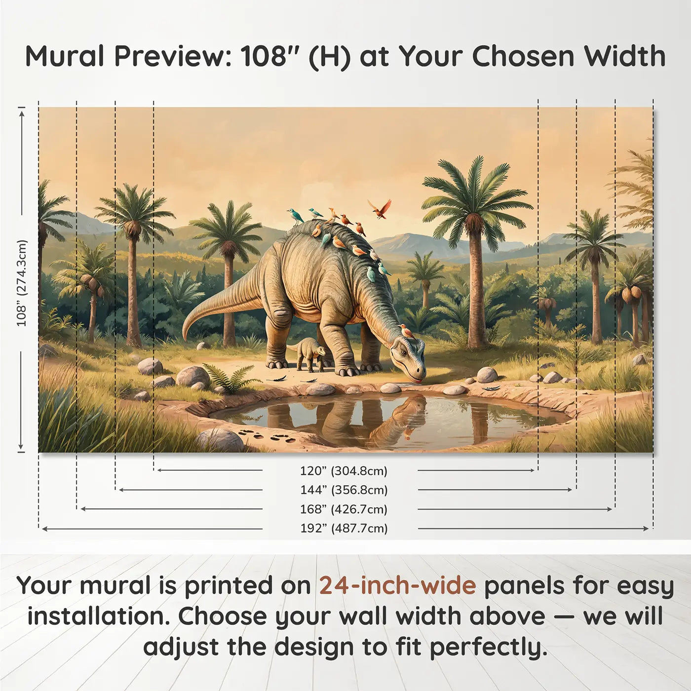 Panel layout and dimensions for Diplodocus Bird Grooming Wallpaper Mural by Whimsy Tots