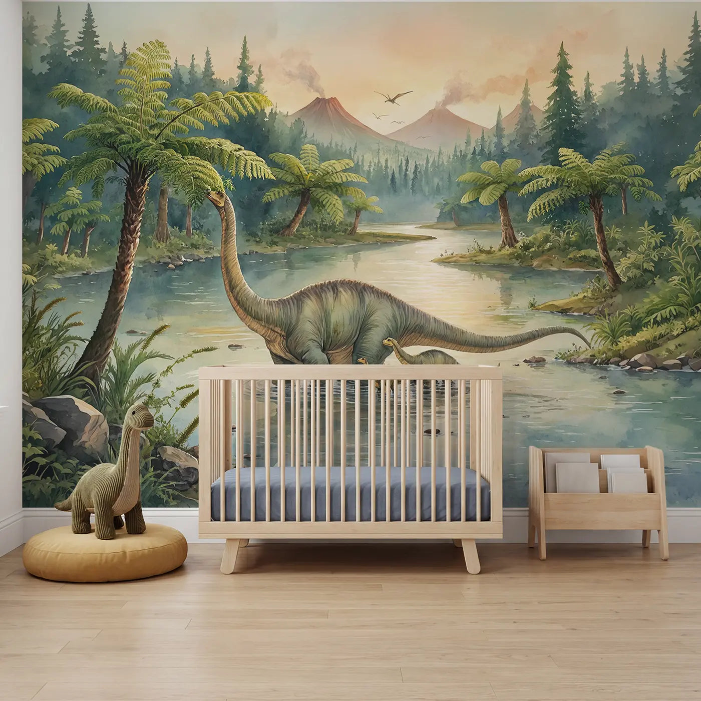 Watercolor brontosaurus river crossing prehistoric wallpaper mural for boys room by Whimsy Tots
