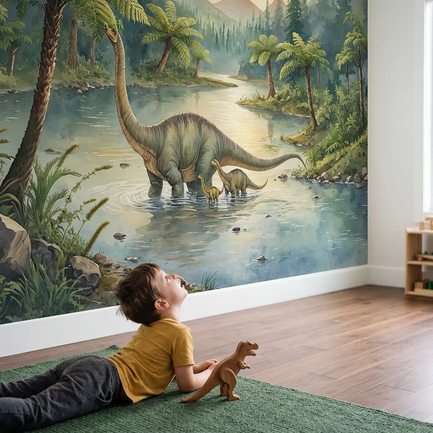 Child in nursery with Brontosaurus River Crossing Wallpaper Mural by Whimsy Tots