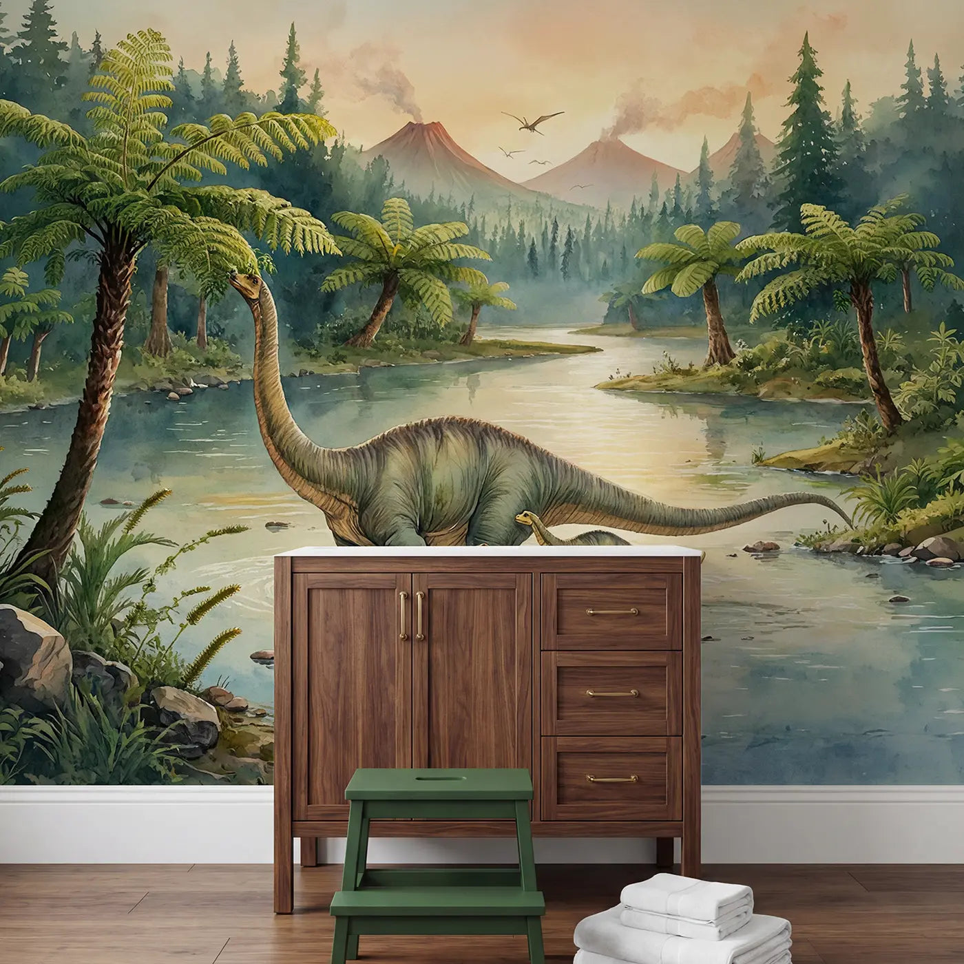 Brontosaurus River Crossing Wallpaper Mural in playroom setting by Whimsy Tots