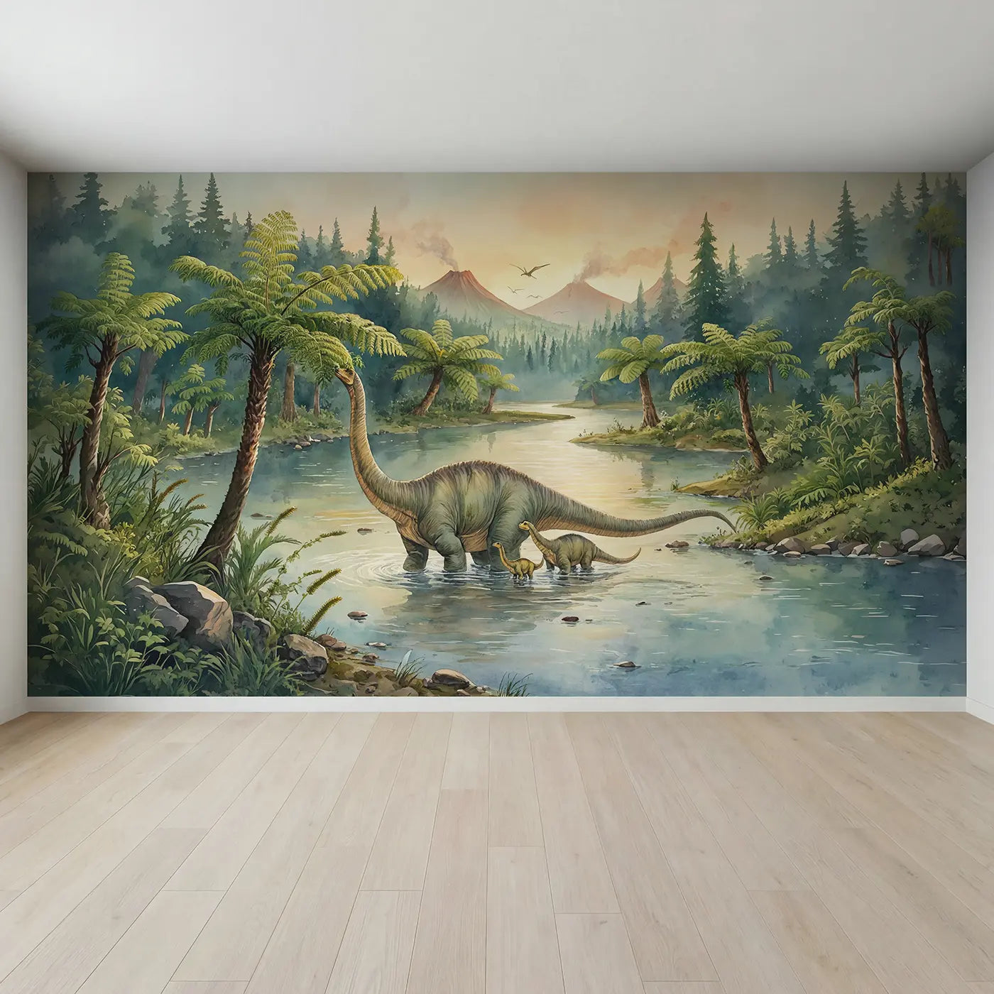 Full view of Brontosaurus River Crossing Wallpaper Mural by Whimsy Tots