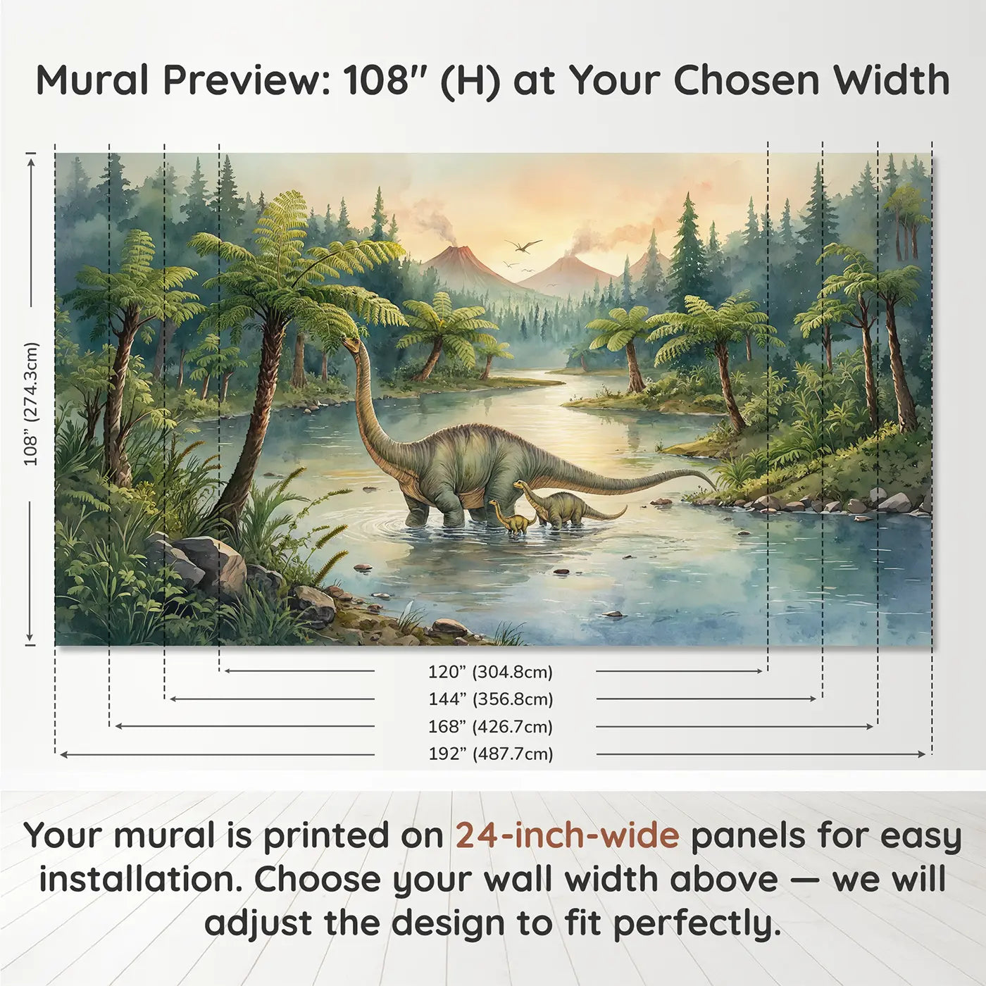 Panel layout and dimensions for Brontosaurus River Crossing Wallpaper Mural by Whimsy Tots