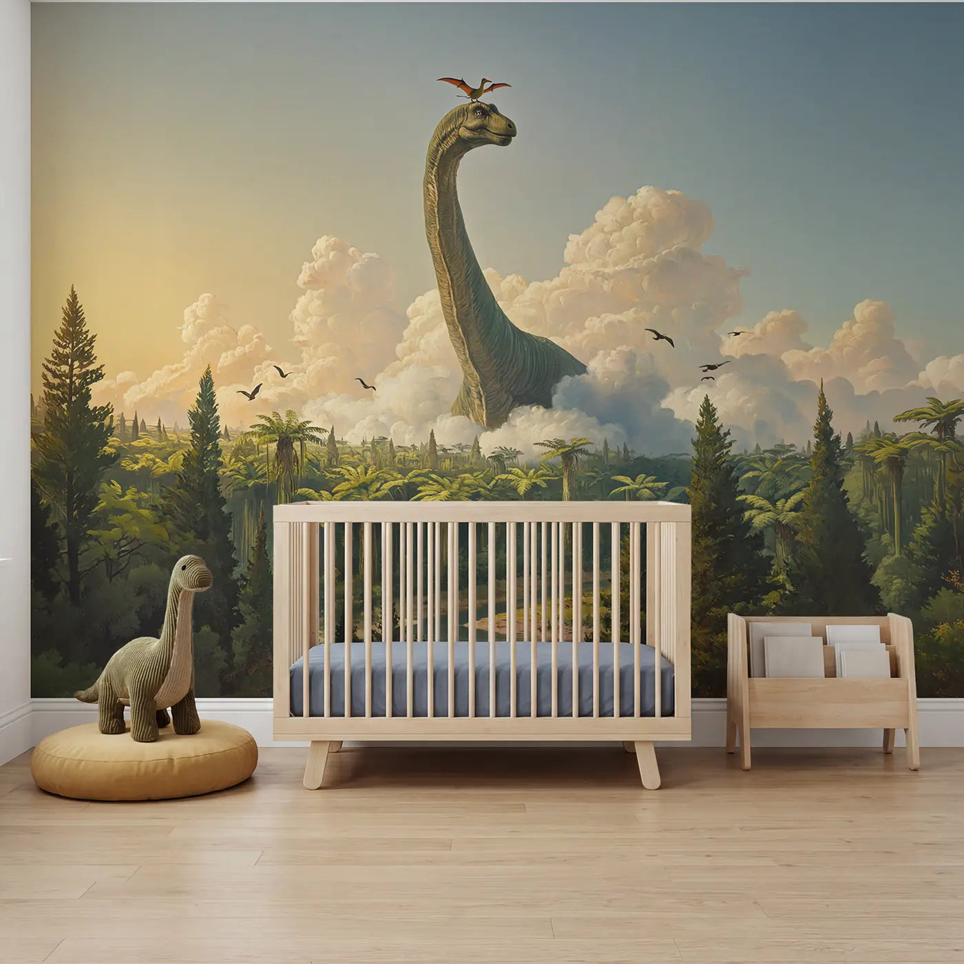 Painted landscape brontosaurus dinosaur wallpaper mural for kids room by Whimsy Tots