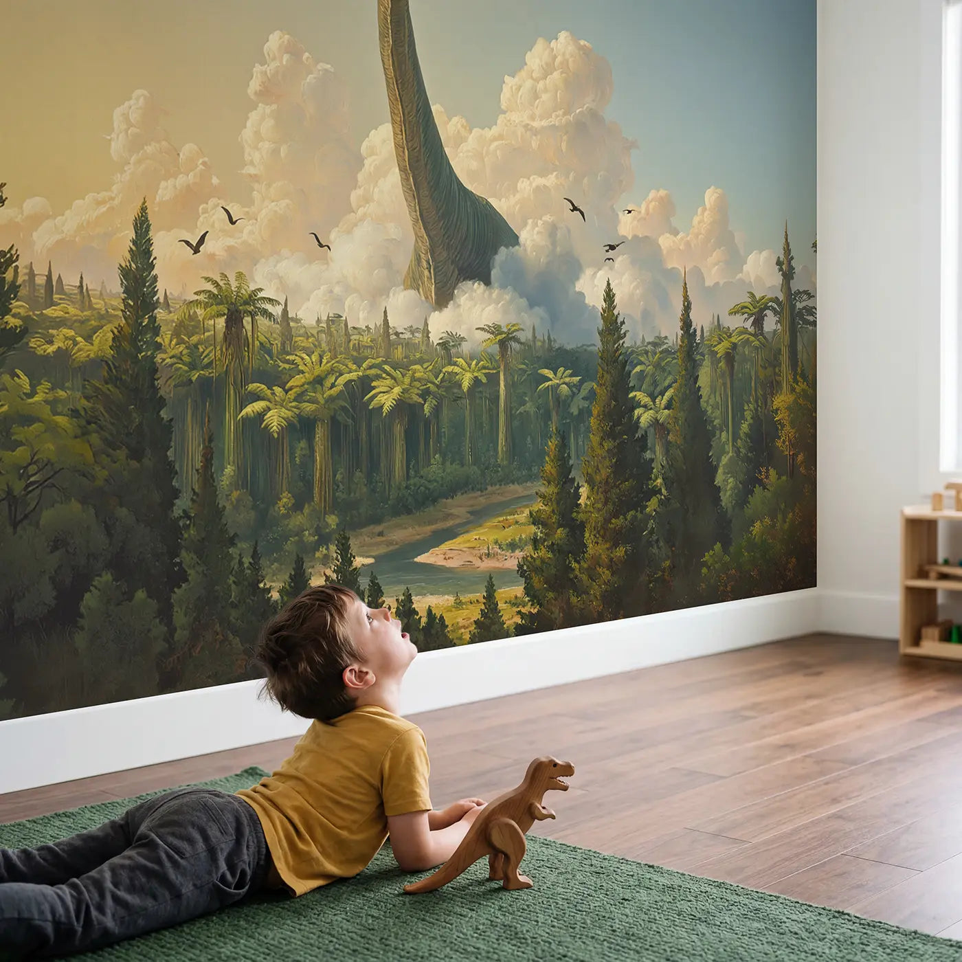 Child in nursery with Giant Brontosaurus Skyline Wallpaper Mural by Whimsy Tots