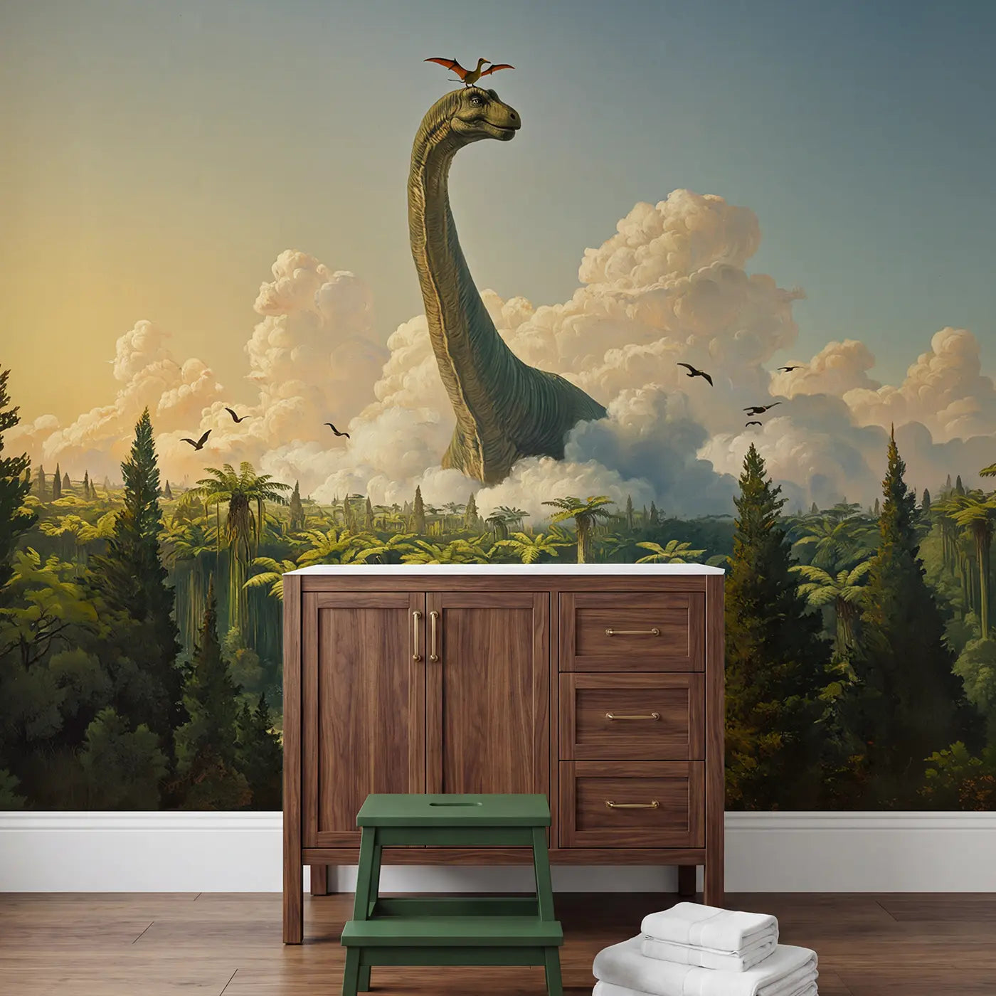 Giant Brontosaurus Skyline Wallpaper Mural in playroom setting by Whimsy Tots