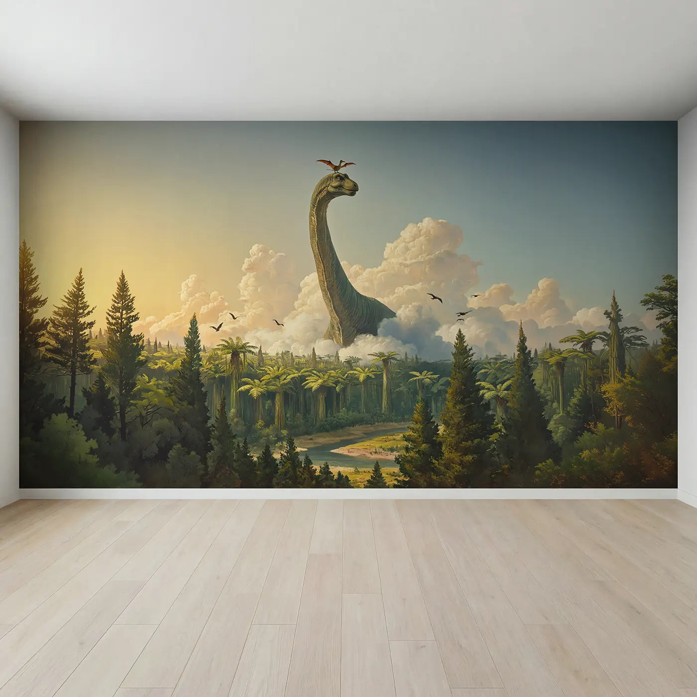Full view of Giant Brontosaurus Skyline Wallpaper Mural by Whimsy Tots