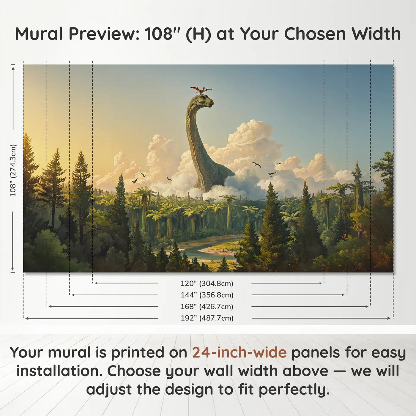 Panel layout and dimensions for Giant Brontosaurus Skyline Wallpaper Mural by Whimsy Tots