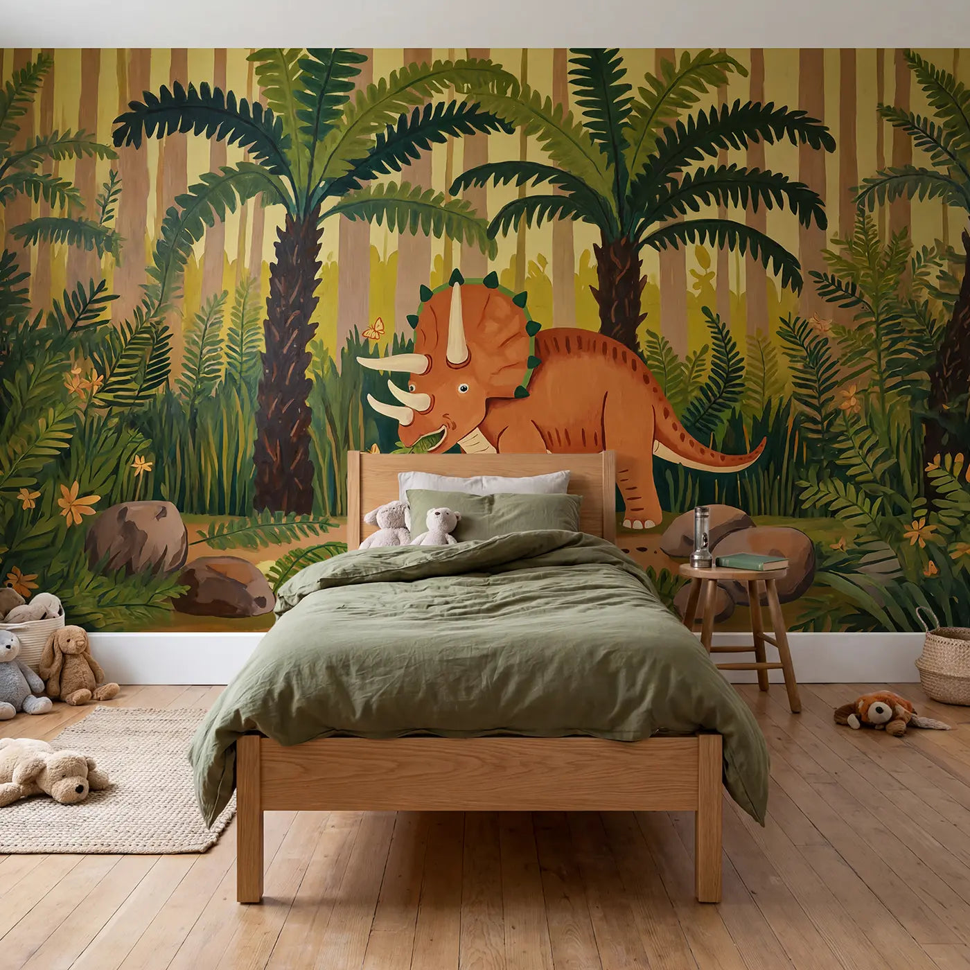 Modern Illustration friendly triceratops fern forest wallpaper mural for kids room by Whimsy Tots