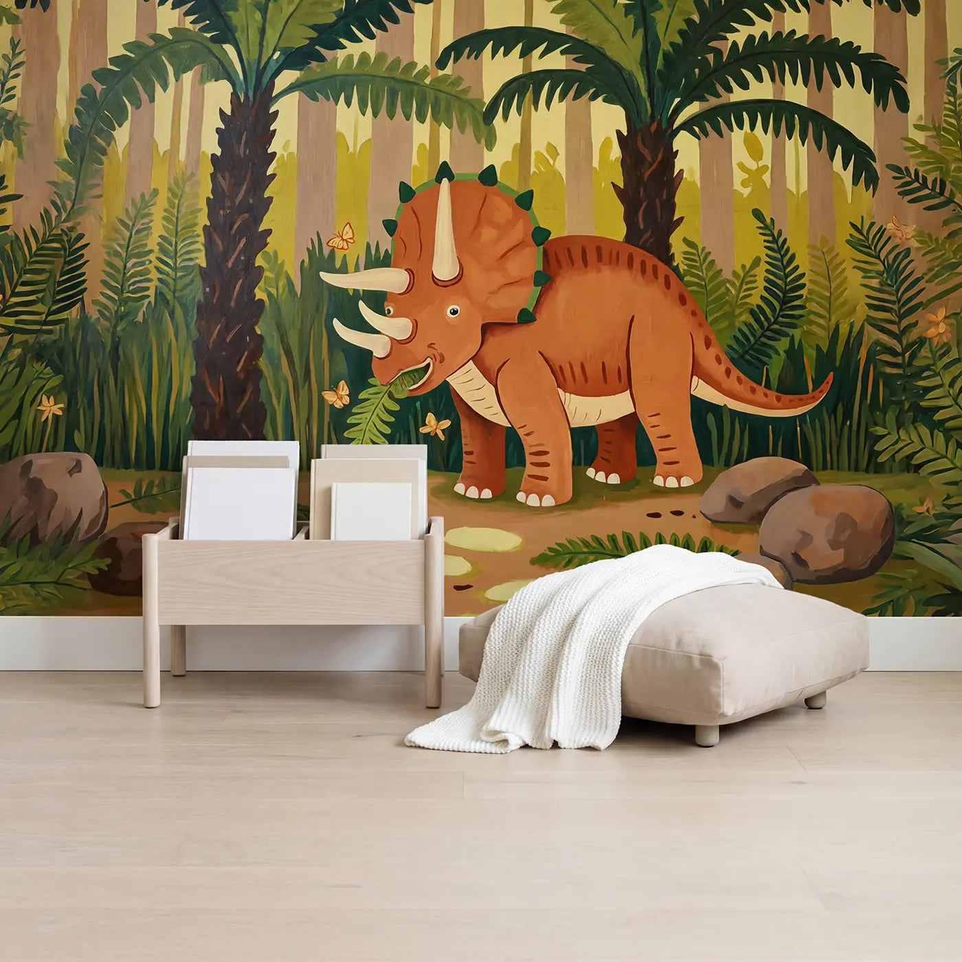 Friendly Triceratops Fern Forest Wallpaper Mural in playroom setting by Whimsy Tots