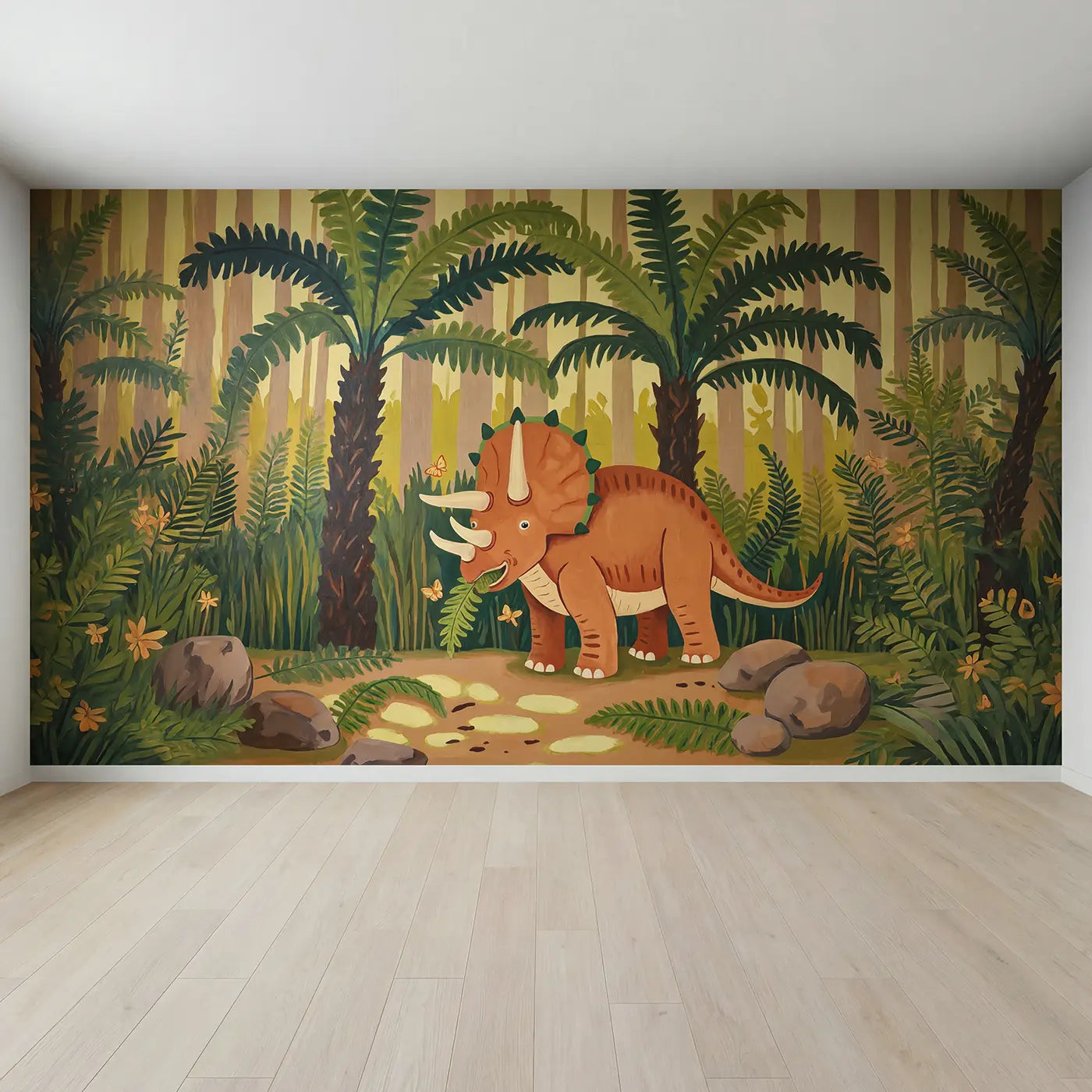 Full view of Friendly Triceratops Fern Forest Wallpaper Mural by Whimsy Tots