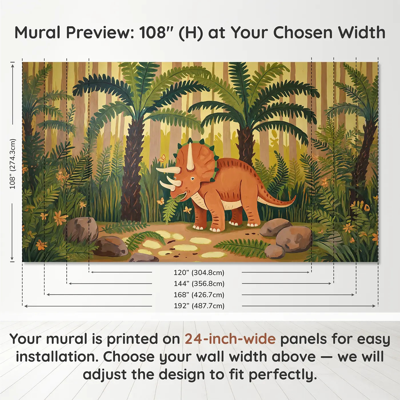 Panel layout and dimensions for Friendly Triceratops Fern Forest Wallpaper Mural by Whimsy Tots