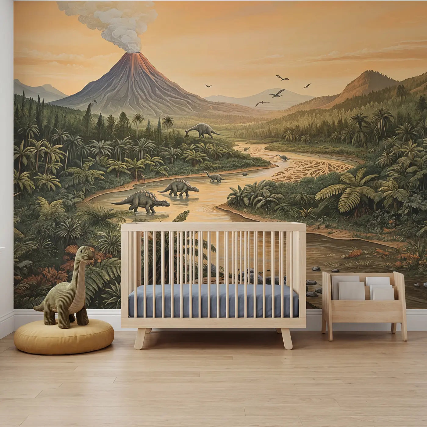 Block Print prehistoric river valley dinosaur wallpaper mural for boys room by Whimsy Tots