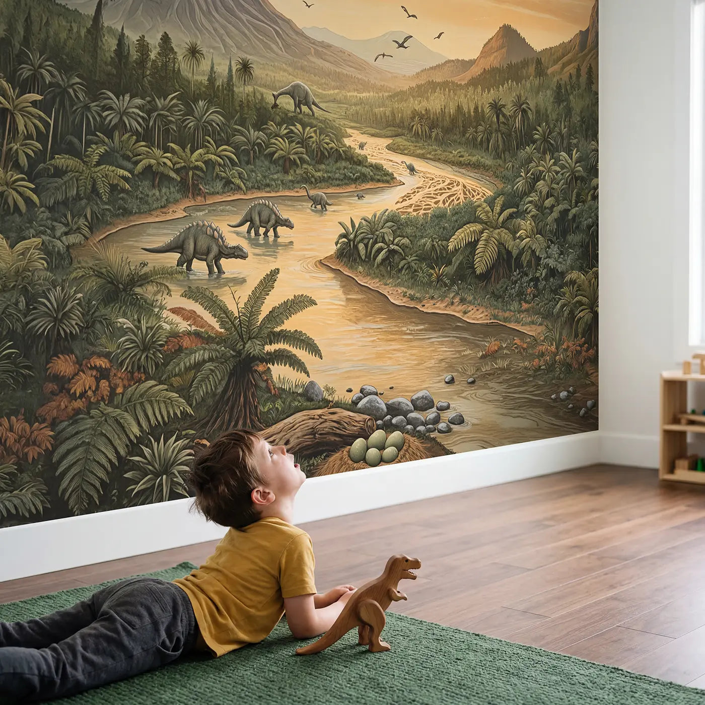 Child in nursery with Prehistoric River Valley Wallpaper Mural by Whimsy Tots