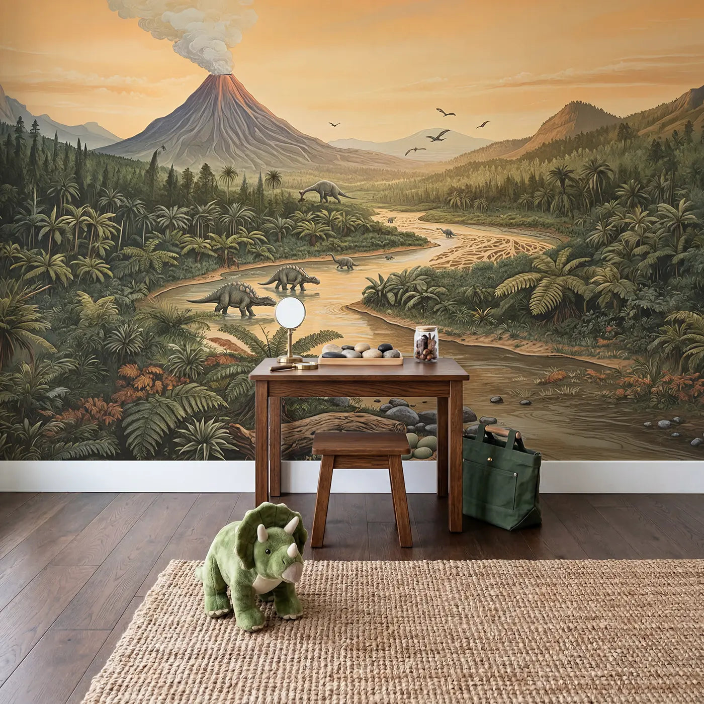 Prehistoric River Valley Wallpaper Mural in playroom setting by Whimsy Tots