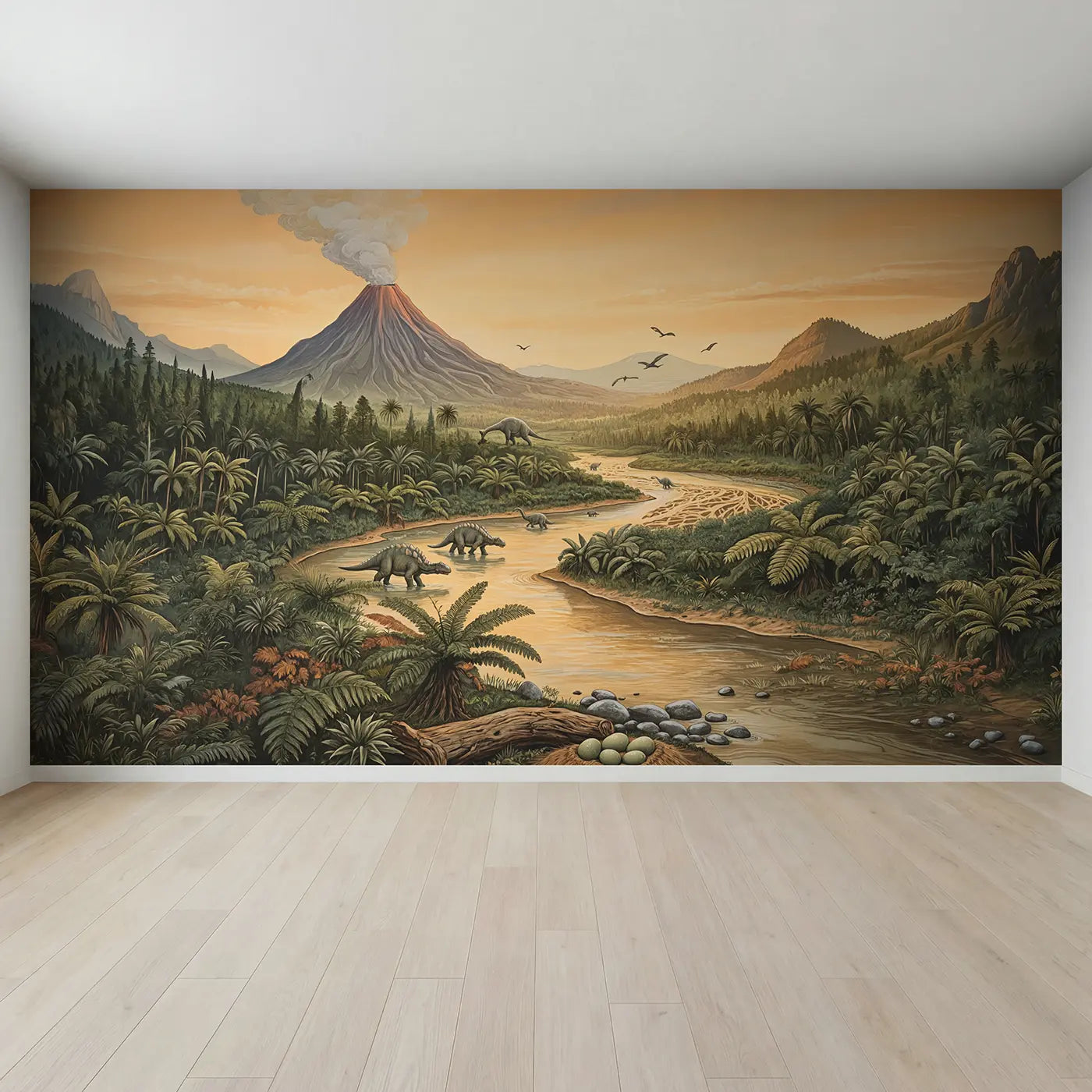 Full view of Prehistoric River Valley Wallpaper Mural by Whimsy Tots