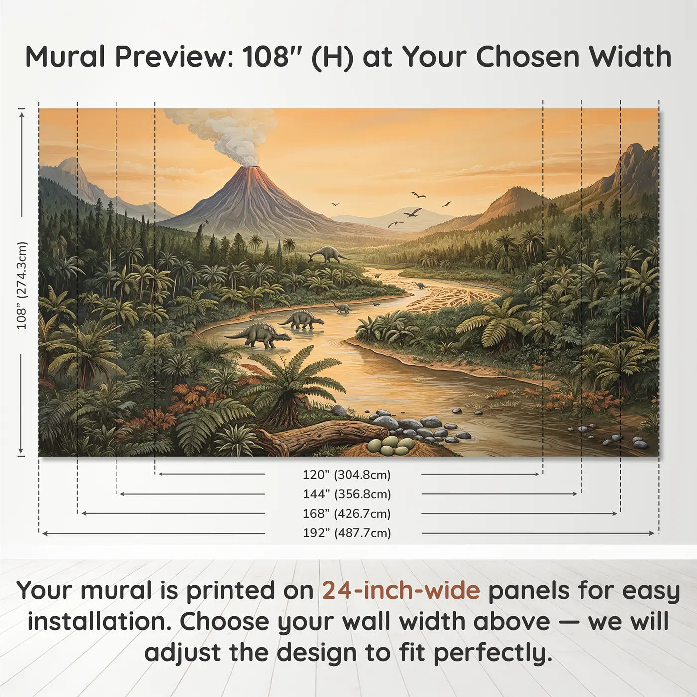 Panel layout and dimensions for Prehistoric River Valley Wallpaper Mural by Whimsy Tots