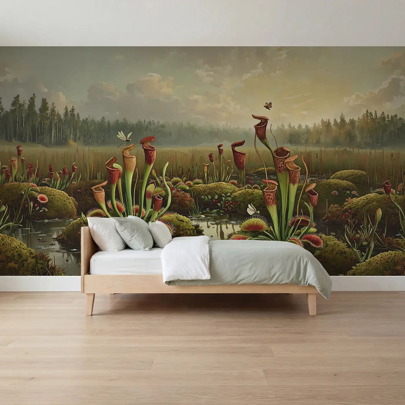 Painted Landscape misty bog garden prehistoric wallpaper mural for boys room by Whimsy Tots