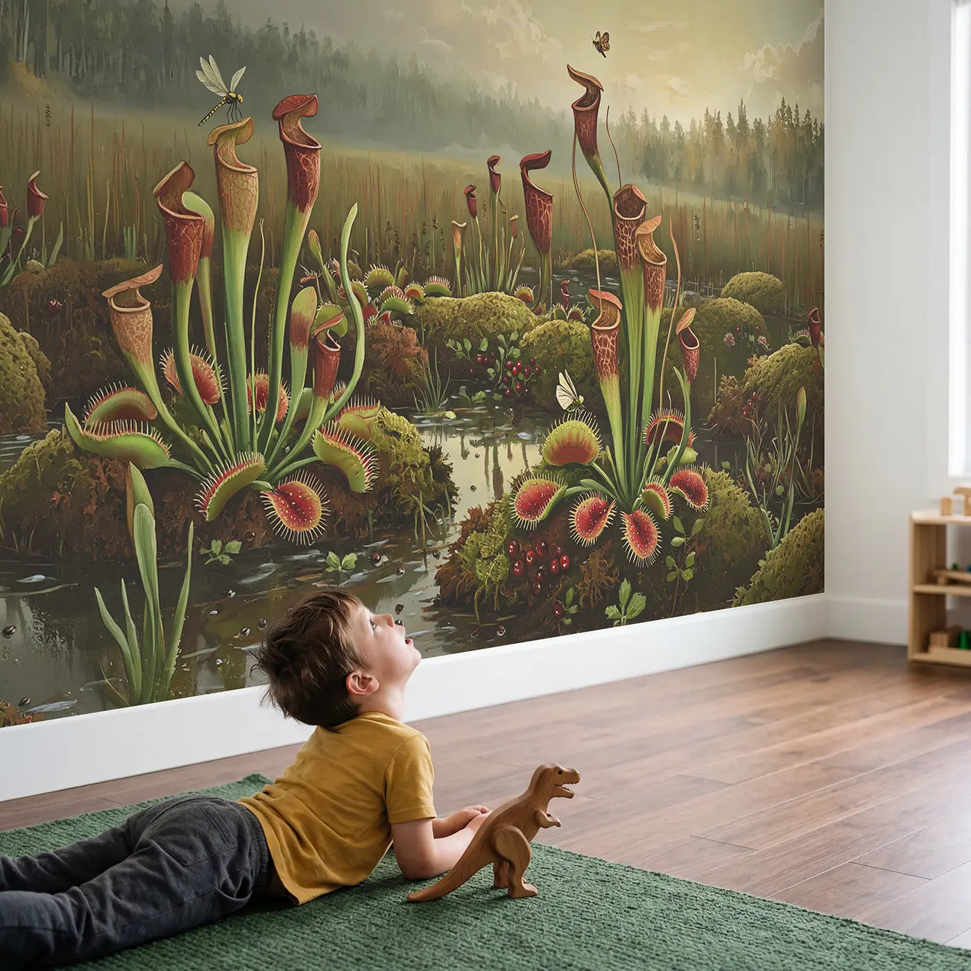 Child in nursery with Misty Bog Garden Wallpaper Mural by Whimsy Tots