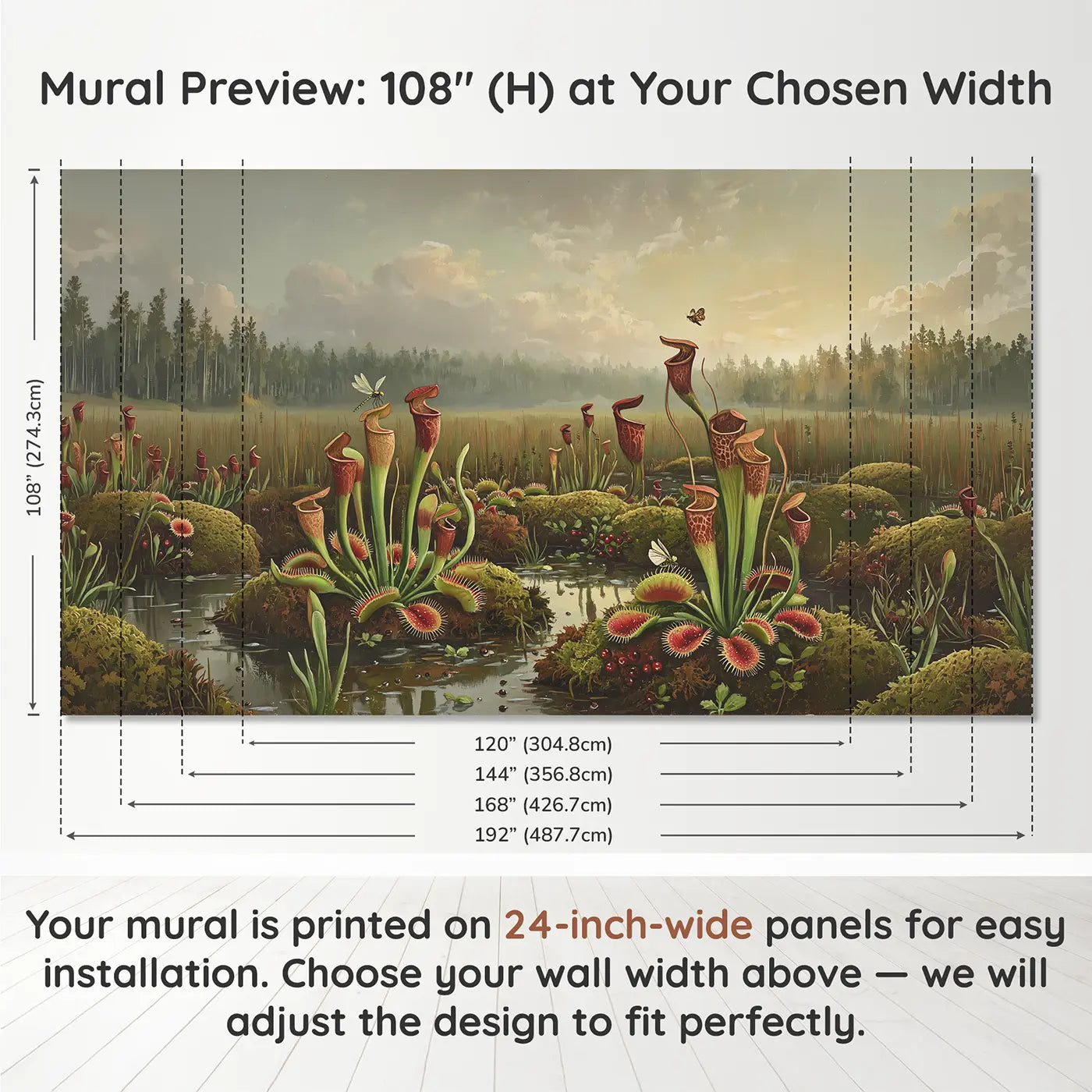 Panel layout and dimensions for Misty Bog Garden Wallpaper Mural by Whimsy Tots
