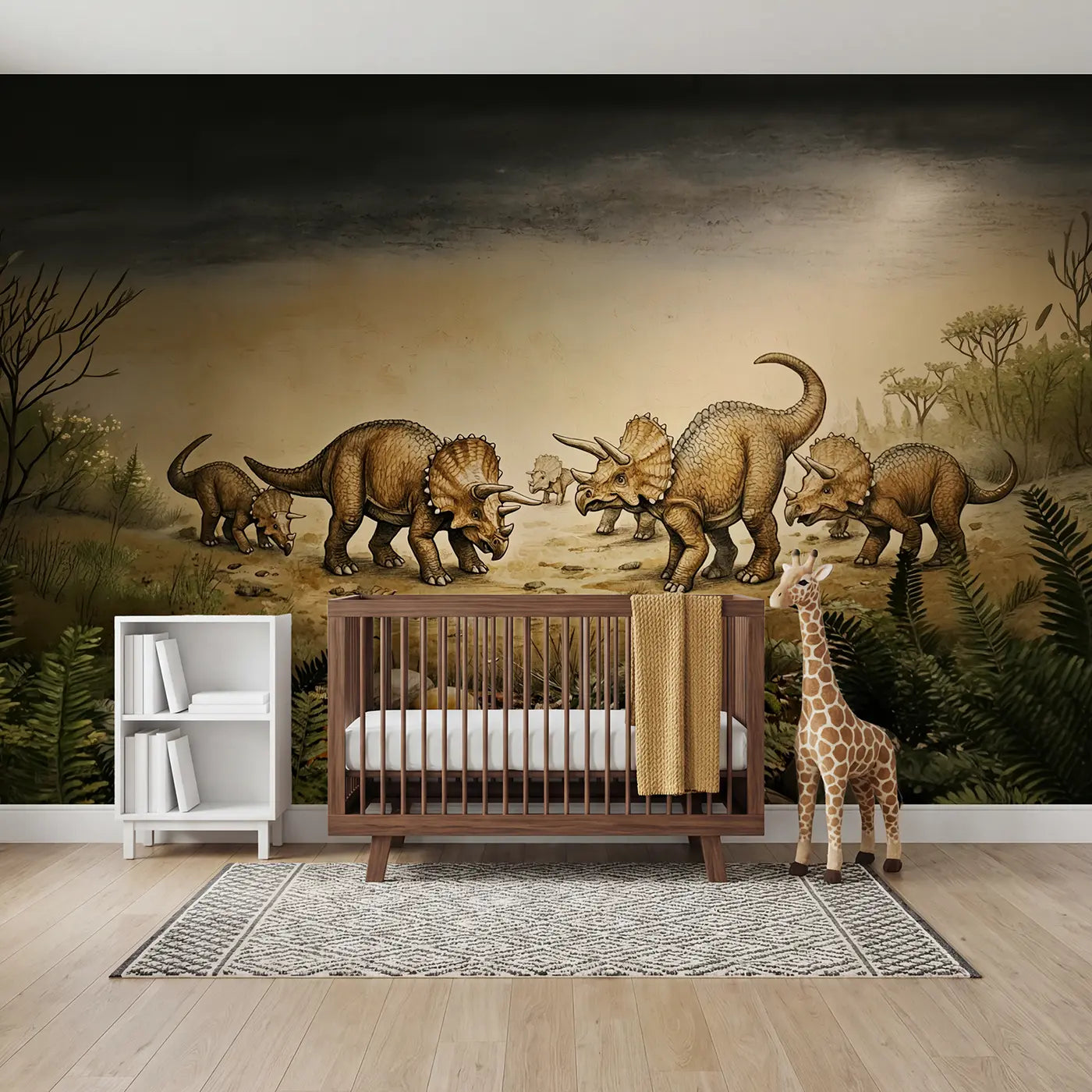 storybook triceratops herd babies wallpaper mural for nursery by Whimsy Tots