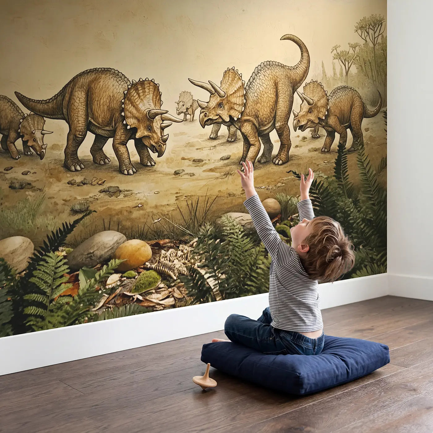 Child in nursery with Triceratops Herd Protecting Babies Wallpaper Mural by Whimsy Tots