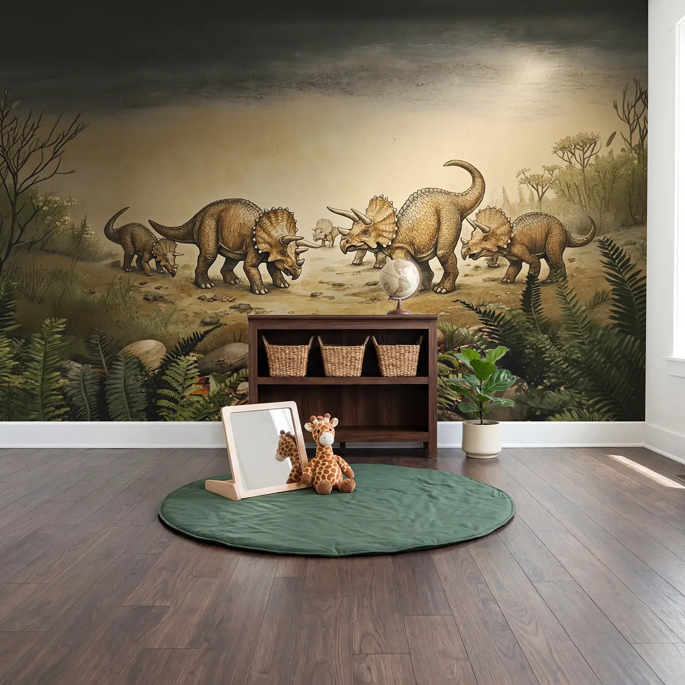 Triceratops Herd Protecting Babies Wallpaper Mural in playroom setting by Whimsy Tots