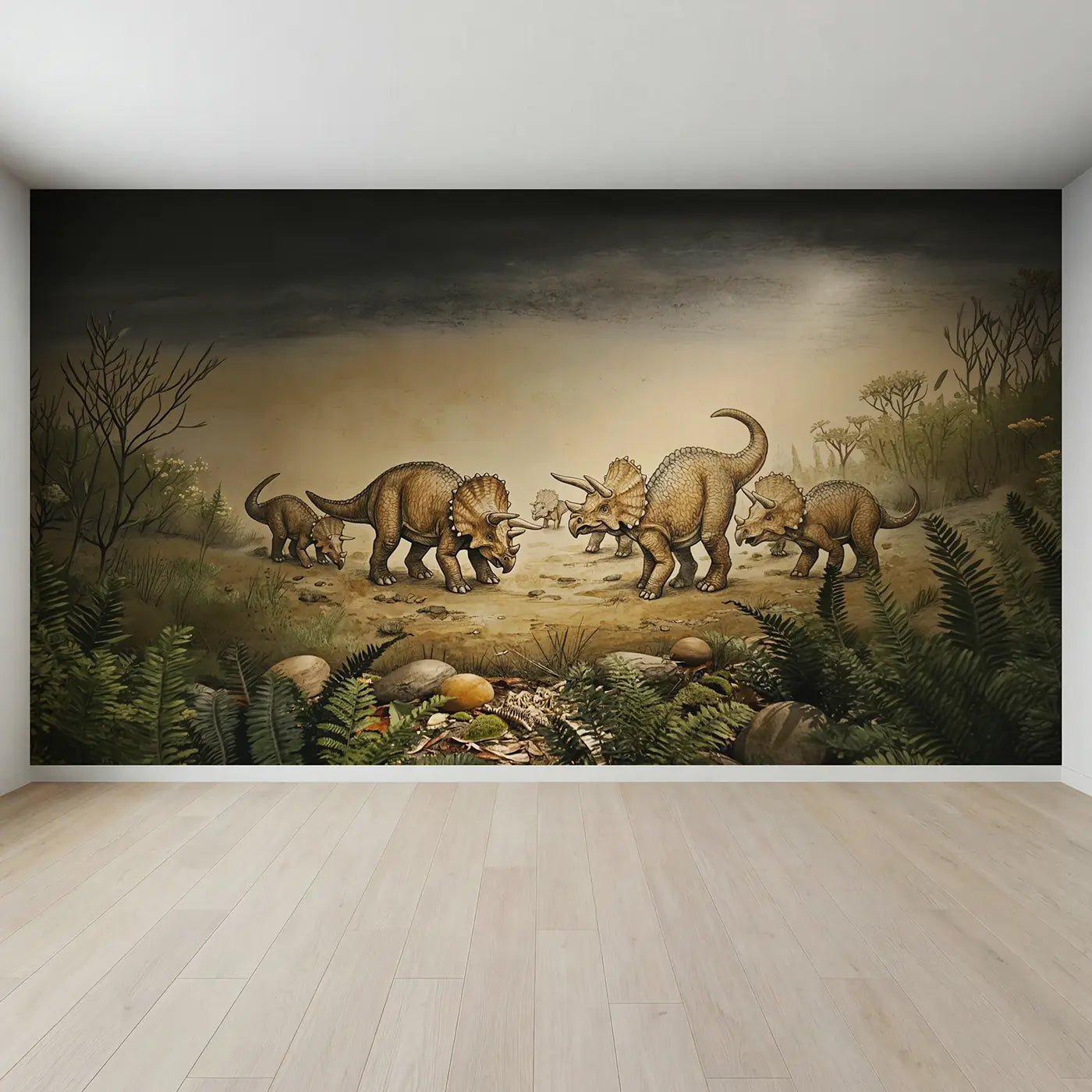 Full view of Triceratops Herd Protecting Babies Wallpaper Mural by Whimsy Tots