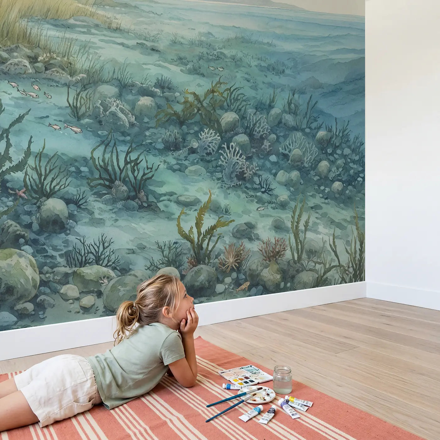 Child in nursery with Trilobiteera Ocean Floor Panorama Wallpaper Mural by Whimsy Tots
