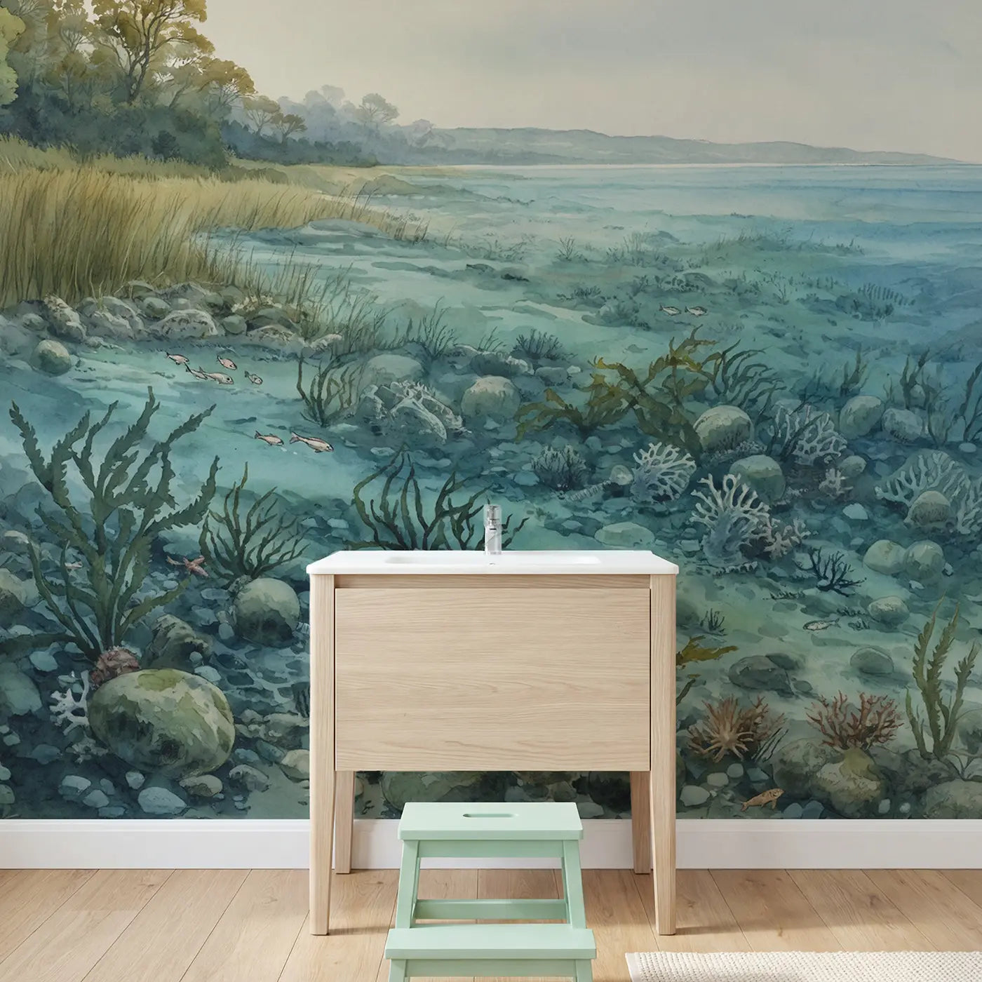 Trilobiteera Ocean Floor Panorama Wallpaper Mural in playroom setting by Whimsy Tots
