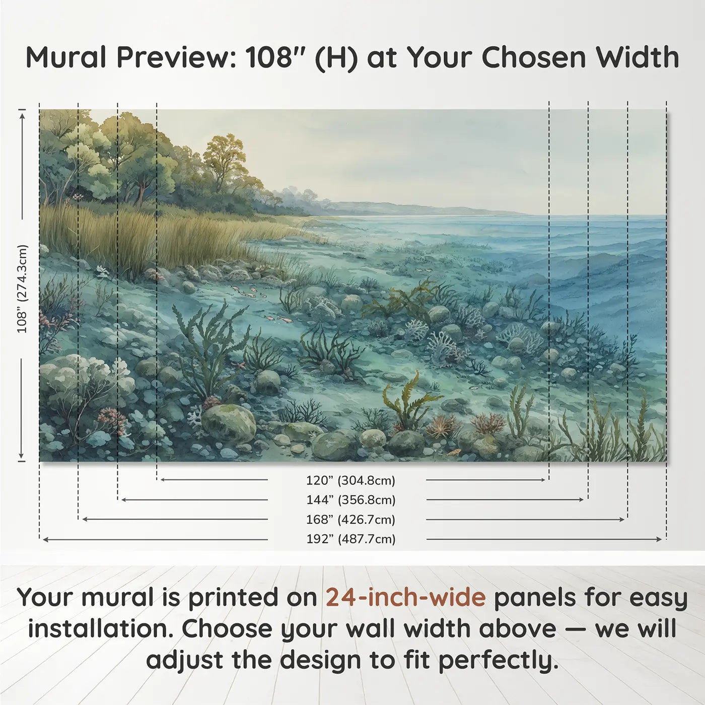 Panel layout and dimensions for Trilobiteera Ocean Floor Panorama Wallpaper Mural by Whimsy Tots
