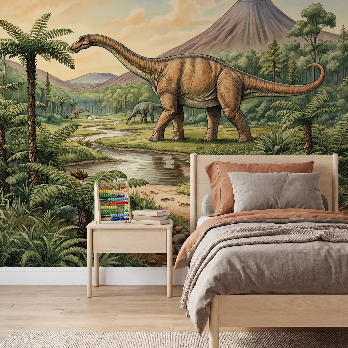 Storybook diplodocus valley fern wallpaper mural for kids room by Whimsy Tots