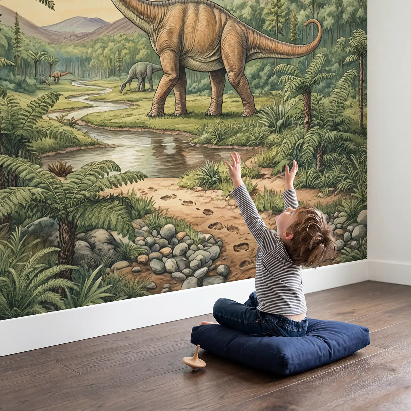 Child in nursery with Gentle Diplodocus Valley Wallpaper Mural by Whimsy Tots