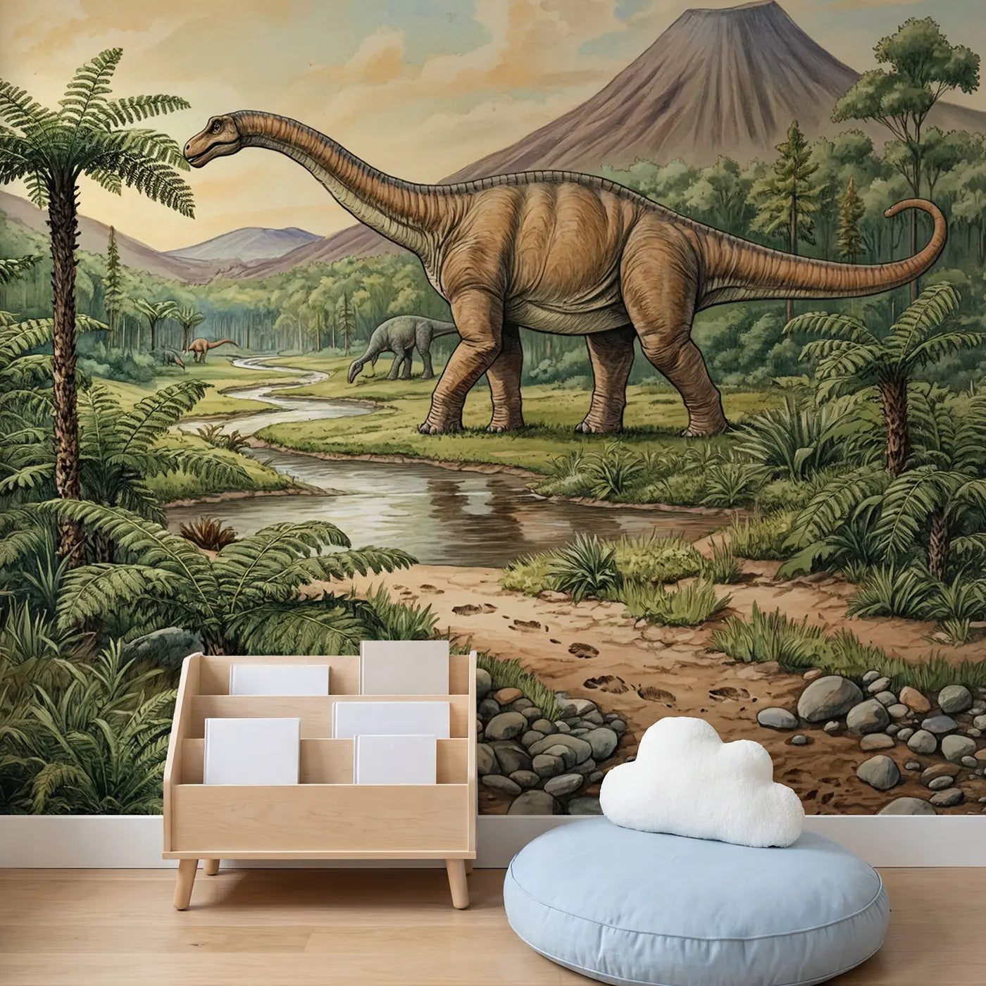 Gentle Diplodocus Valley Wallpaper Mural in playroom setting by Whimsy Tots