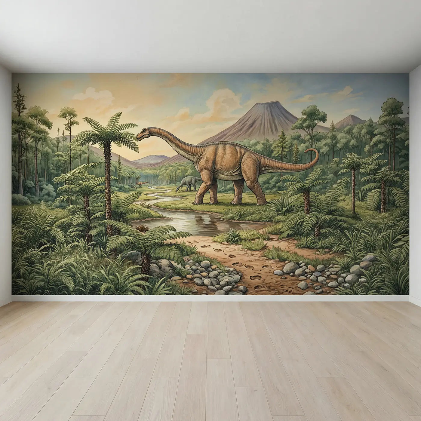 Full view of Gentle Diplodocus Valley Wallpaper Mural by Whimsy Tots