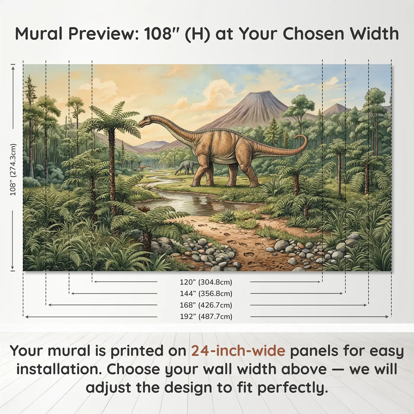 Panel layout and dimensions for Gentle Diplodocus Valley Wallpaper Mural by Whimsy Tots