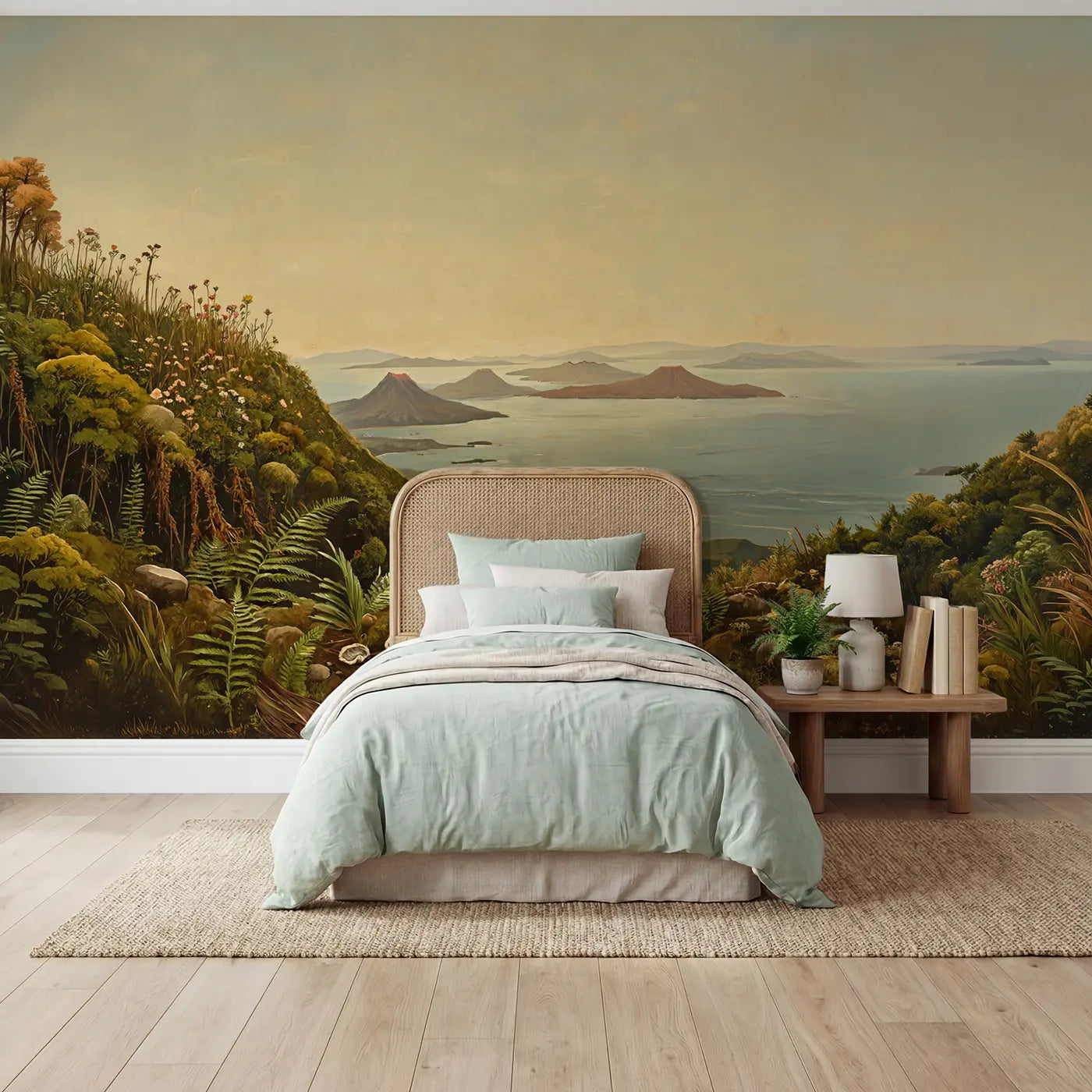 painted volcanic island dinosaurs wallpaper mural for kids room by Whimsy Tots