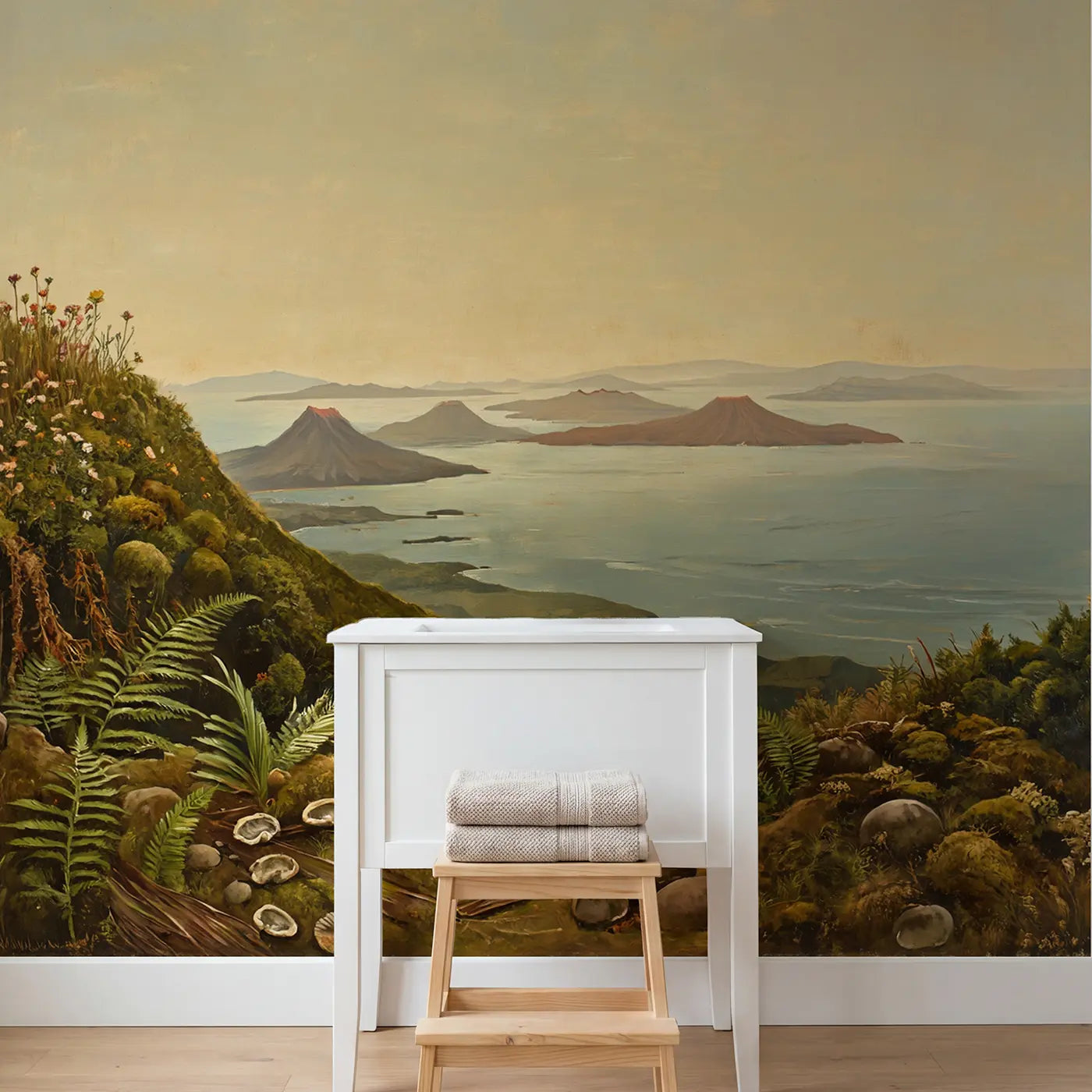 Volcanic Island Chain Prehistoric Wallpaper Mural in playroom setting by Whimsy Tots