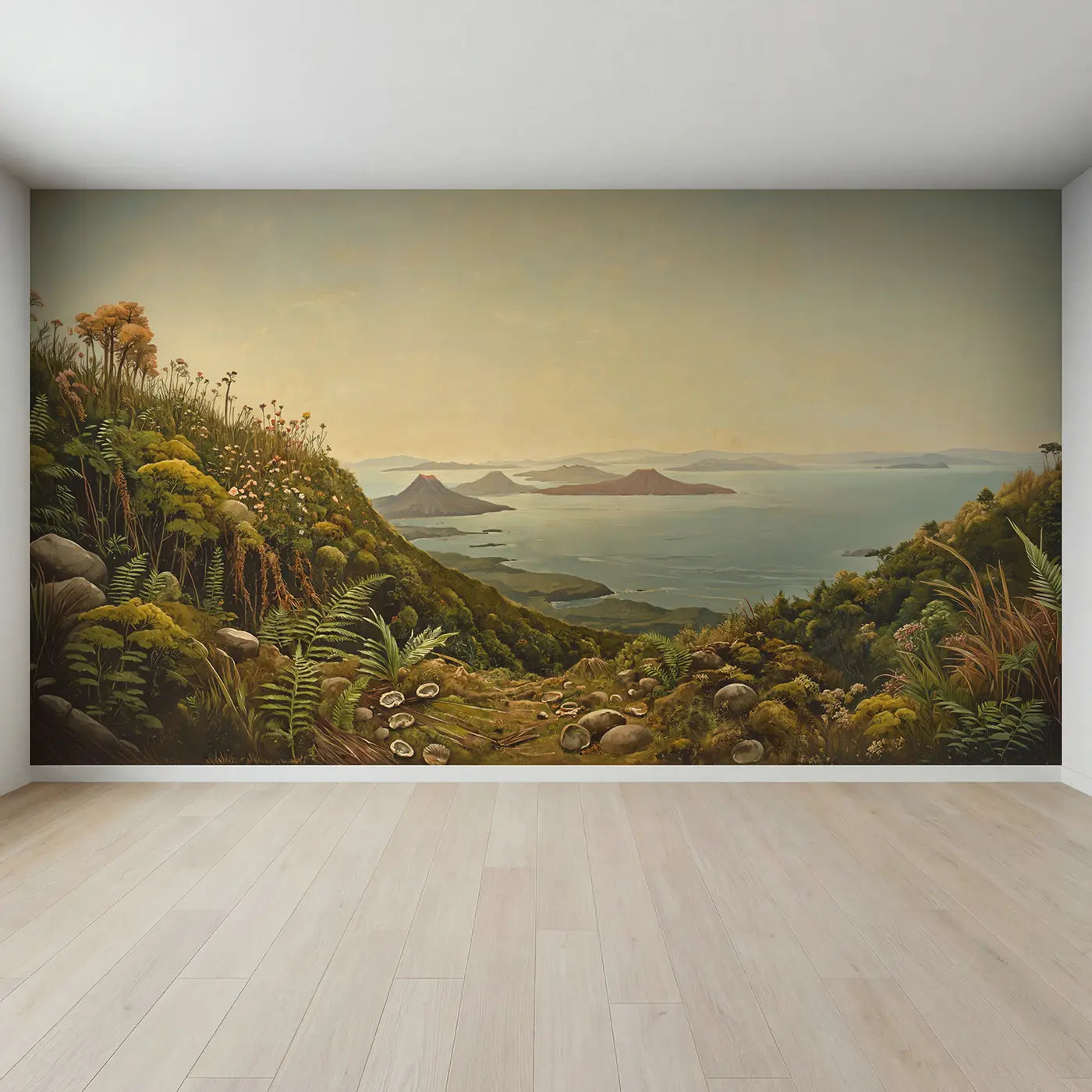Full view of Volcanic Island Chain Prehistoric Wallpaper Mural by Whimsy Tots