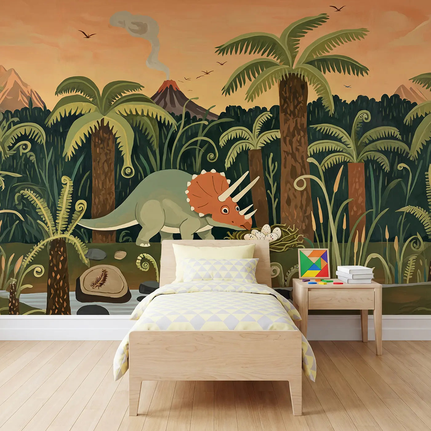Modern illustration triceratops and fern prehistoric wallpaper mural for kids room by Whimsy Tots