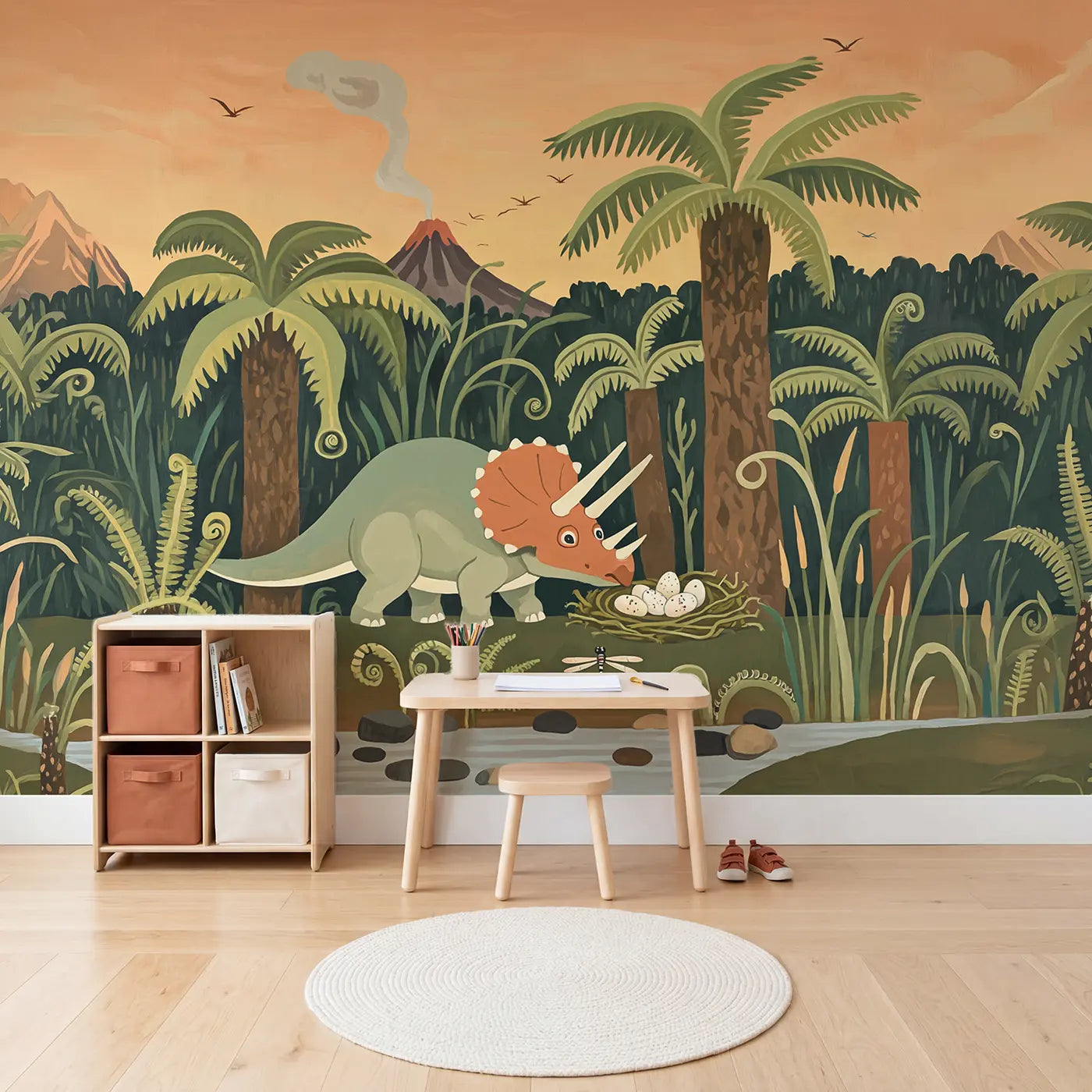 Friendly Triceratops Jungle Wallpaper Mural in playroom setting by Whimsy Tots