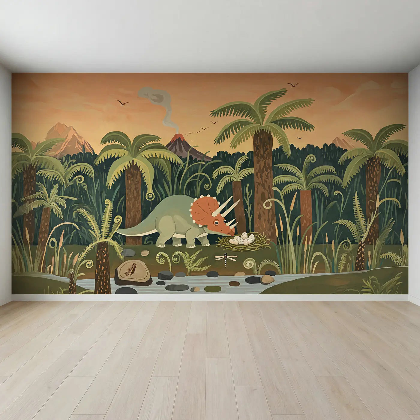 Full view of Friendly Triceratops Jungle Wallpaper Mural by Whimsy Tots