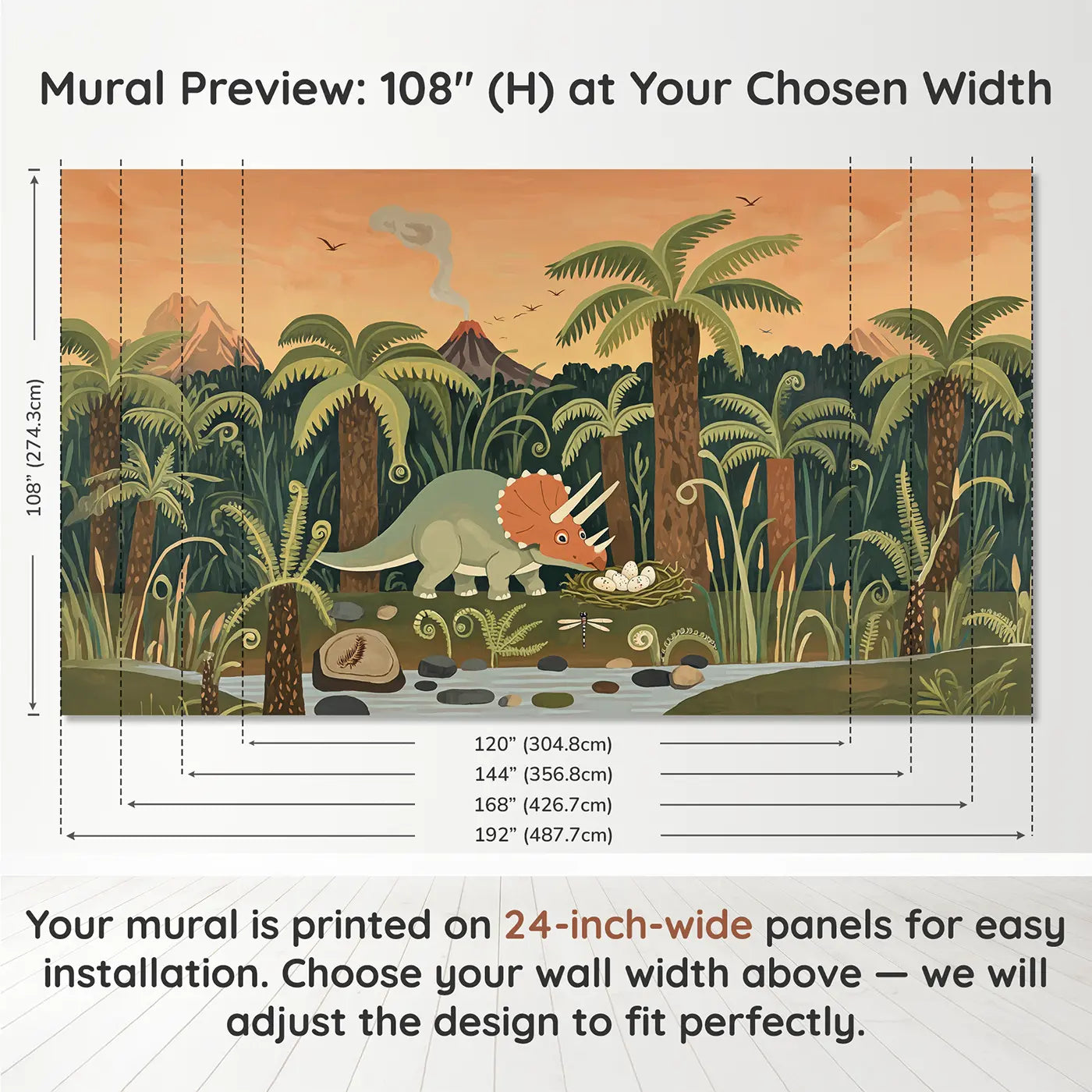 Panel layout and dimensions for Friendly Triceratops Jungle Wallpaper Mural by Whimsy Tots