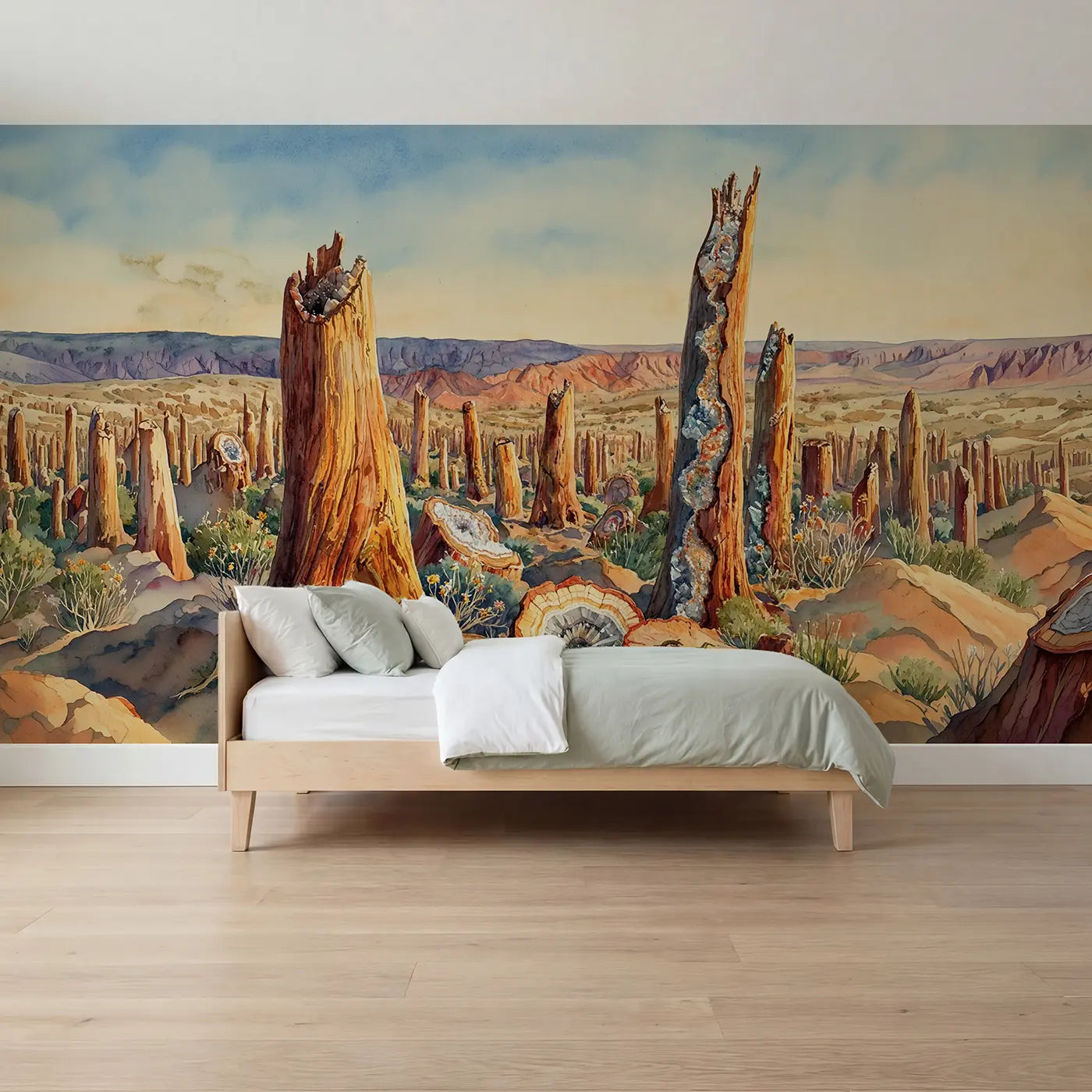 Watercolor fossil and prehistoric wallpaper mural for boys room by Whimsy Tots