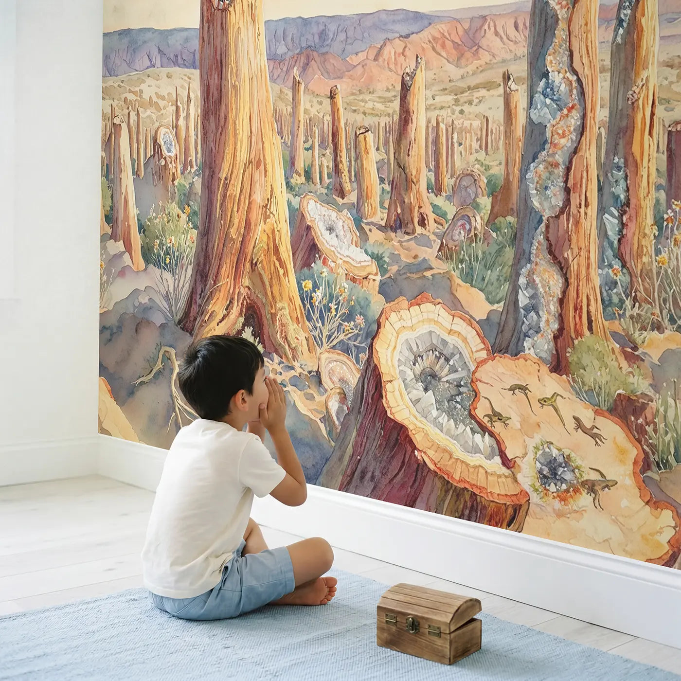 Child in nursery with Petrified Forest Warm Afternoon Wallpaper Mural by Whimsy Tots