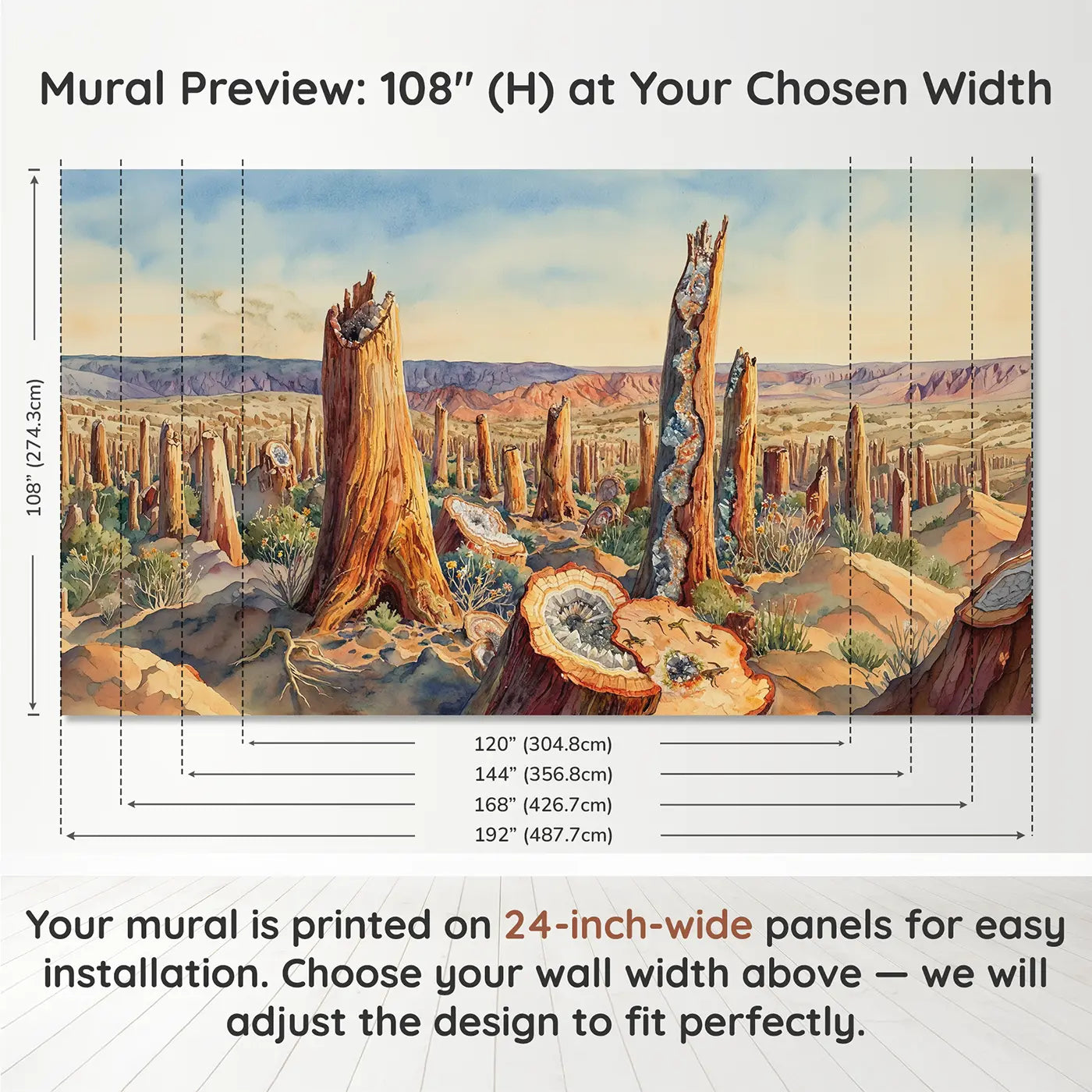 Panel layout and dimensions for Petrified Forest Warm Afternoon Wallpaper Mural by Whimsy Tots