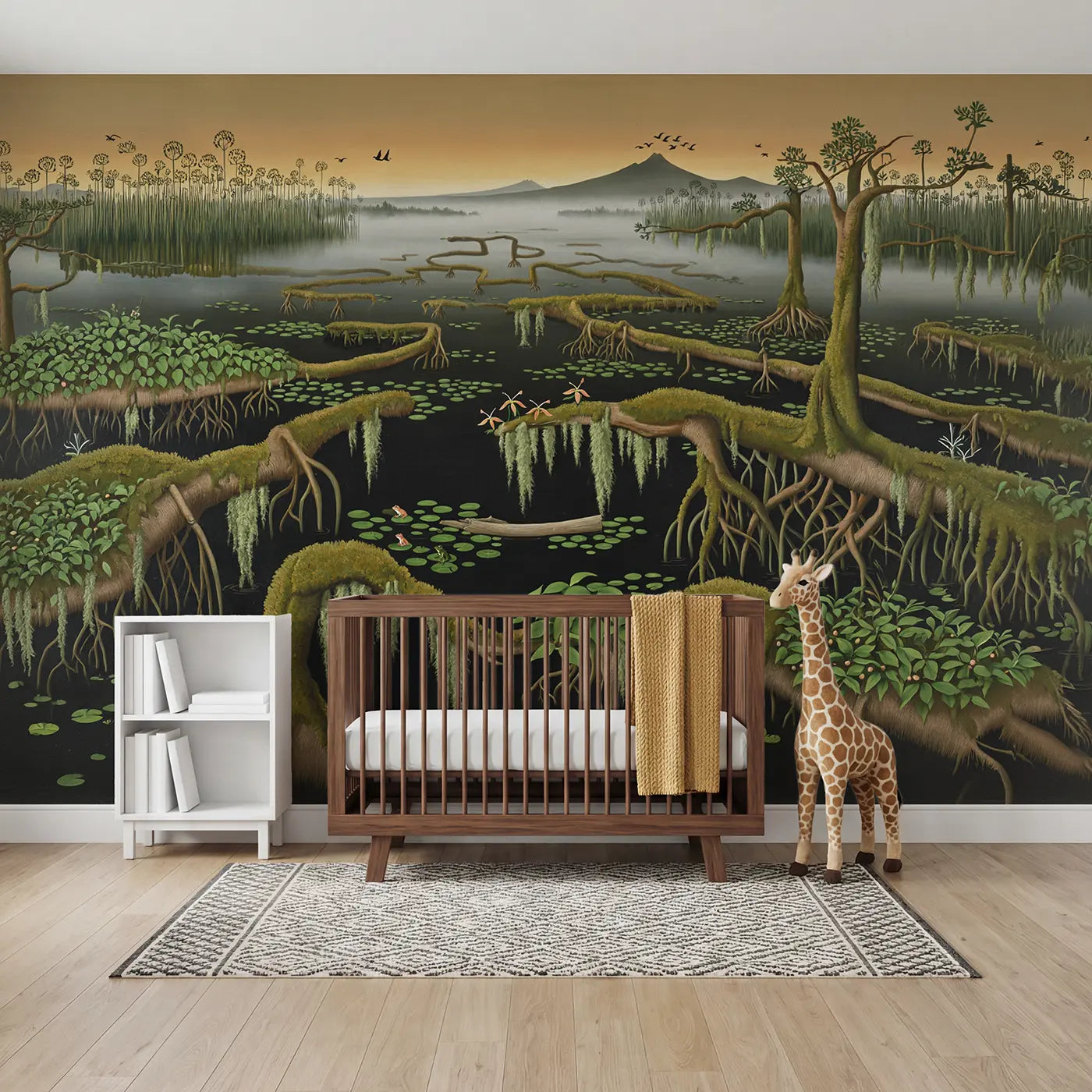 modern illustration prehistoric swamp dawn foggy wallpaper mural for nursery by Whimsy Tots