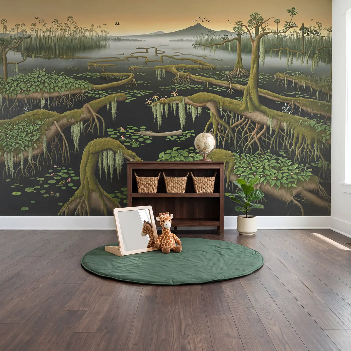 Prehistoric Swamp at Dawn Wallpaper Mural in playroom setting by Whimsy Tots