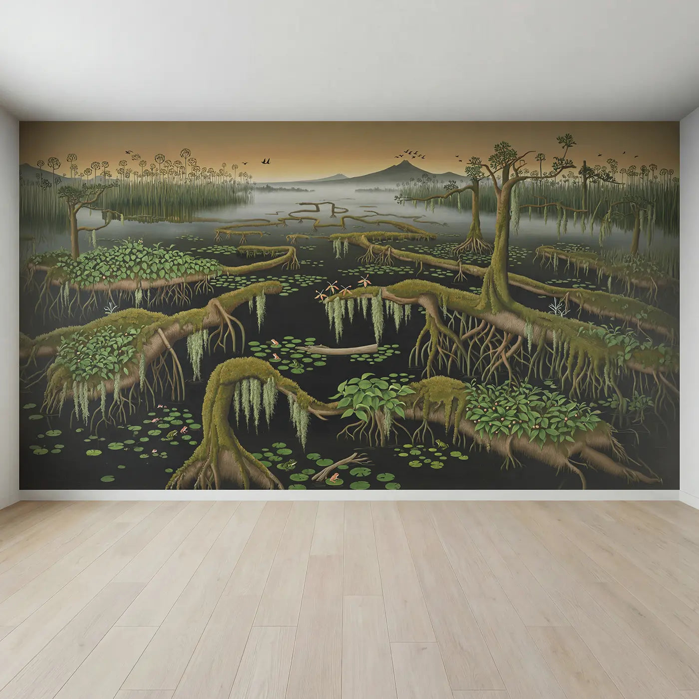 Full view of Prehistoric Swamp at Dawn Wallpaper Mural by Whimsy Tots