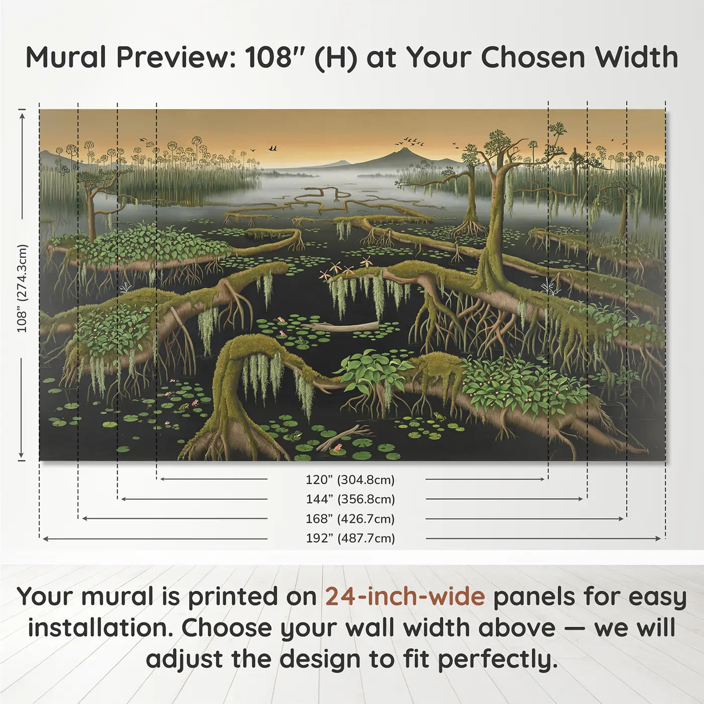 Panel layout and dimensions for Prehistoric Swamp at Dawn Wallpaper Mural by Whimsy Tots